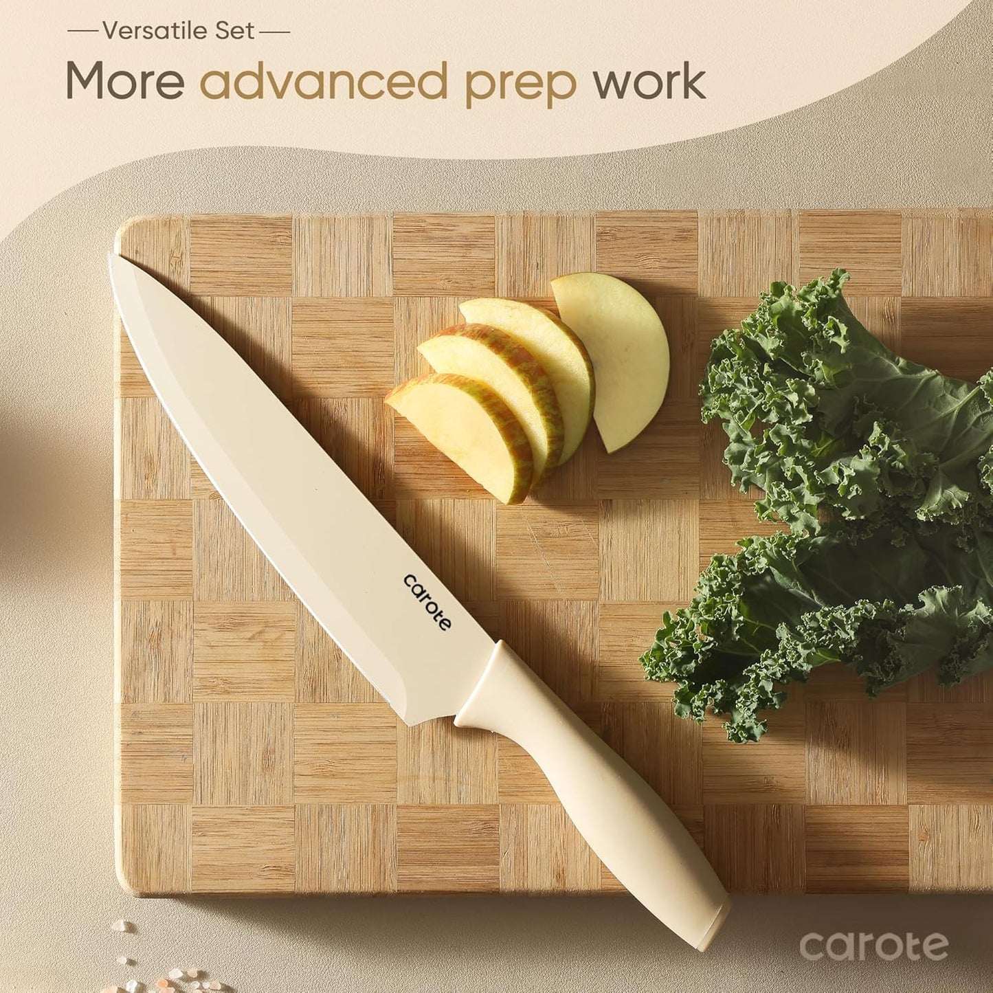 CAROTE Knife Set, 11 Pcs Kitchen Knives with 5 Blade Guards & Non-Slip Cutting Board, Rustproof Stainless Steel 5 Kitchen Knife Set, Plain Black
