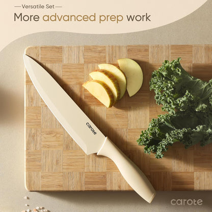 CAROTE Knife Set, 11 Pcs Kitchen Knives with 5 Blade Guards & Non-Slip Cutting Board, Rustproof Stainless Steel 5 Kitchen Knife Set, Plain Black