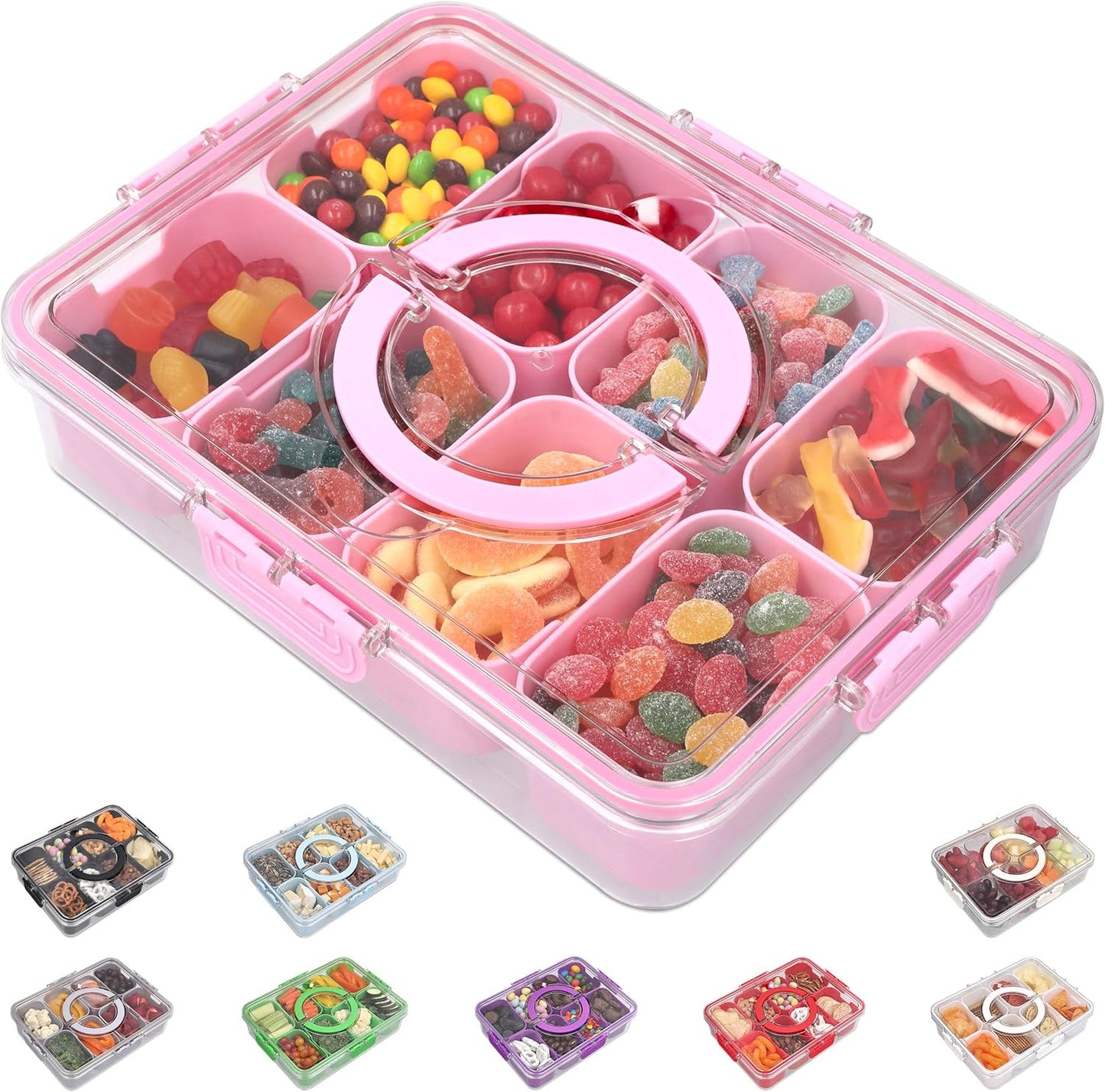 KEYVOZ Snackle Box Container with Lid- Travel Charcuterie Box with Handle - Organizer for Candy, Fruit, Nuts, Veggies, Snacks, Beach Essentials, Portable Lunch Box (Red, Small)