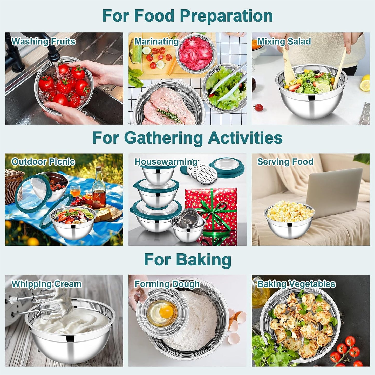 E-far Mixing Bowls Set of 5, Stainless Steel Salad Mixing Bowl with Transparent Lid, Metal Nesting Bowl Attach with 3 Graters for Kitchen Prepping/Serving/Baking/Storage, 4.6/2.6/1.5/1/0.7 QT - Black