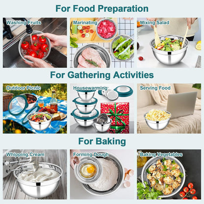 E-far Mixing Bowls Set of 5, Stainless Steel Salad Mixing Bowl with Transparent Lid, Metal Nesting Bowl Attach with 3 Graters for Kitchen Prepping/Serving/Baking/Storage, 4.6/2.6/1.5/1/0.7 QT - Black