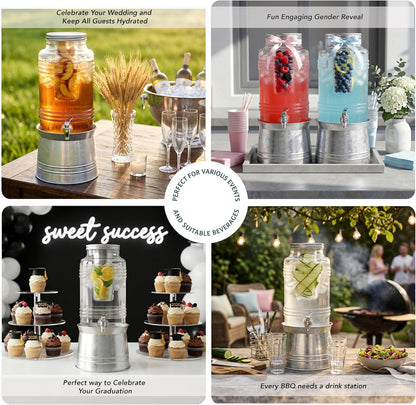 Circleware Breeze Glass Beverage Dispenser with Base Metal Stand Transforms to Ice Bucket, Lid, Fruit Infuser and Ice Insert, Entertainment Kitchen Drinking Glassware, Party, Huge 2.4 Gallons