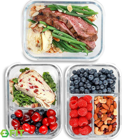 FIT Strong & Healthy 2 and 3 Compartment Glass Meal Prep Containers – Glass Bento Box for Adults, Portion Control, Food Storage, Lunch Container, Oven & Freezer Safe, Leak-Proof, 32 oz, Gray, 4 Pack