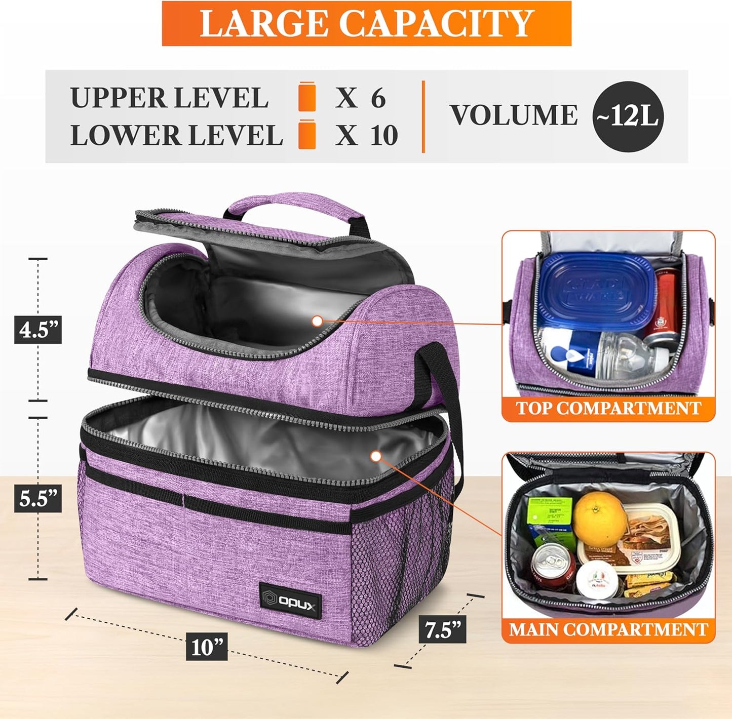 opux Insulated Lunch Bag for Men Women, Double Decker Leakproof Lunch Box Cooler Tote with Shoulder Strap, Large Lunchbox for Work School Travel Meal Prep, Adults Kids Boys Girls, Green, 16 Cans
