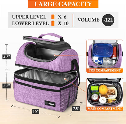 opux Insulated Lunch Bag for Men Women, Double Decker Leakproof Lunch Box Cooler Tote with Shoulder Strap, Large Lunchbox for Work School Travel Meal Prep, Adults Kids Boys Girls, Green, 16 Cans
