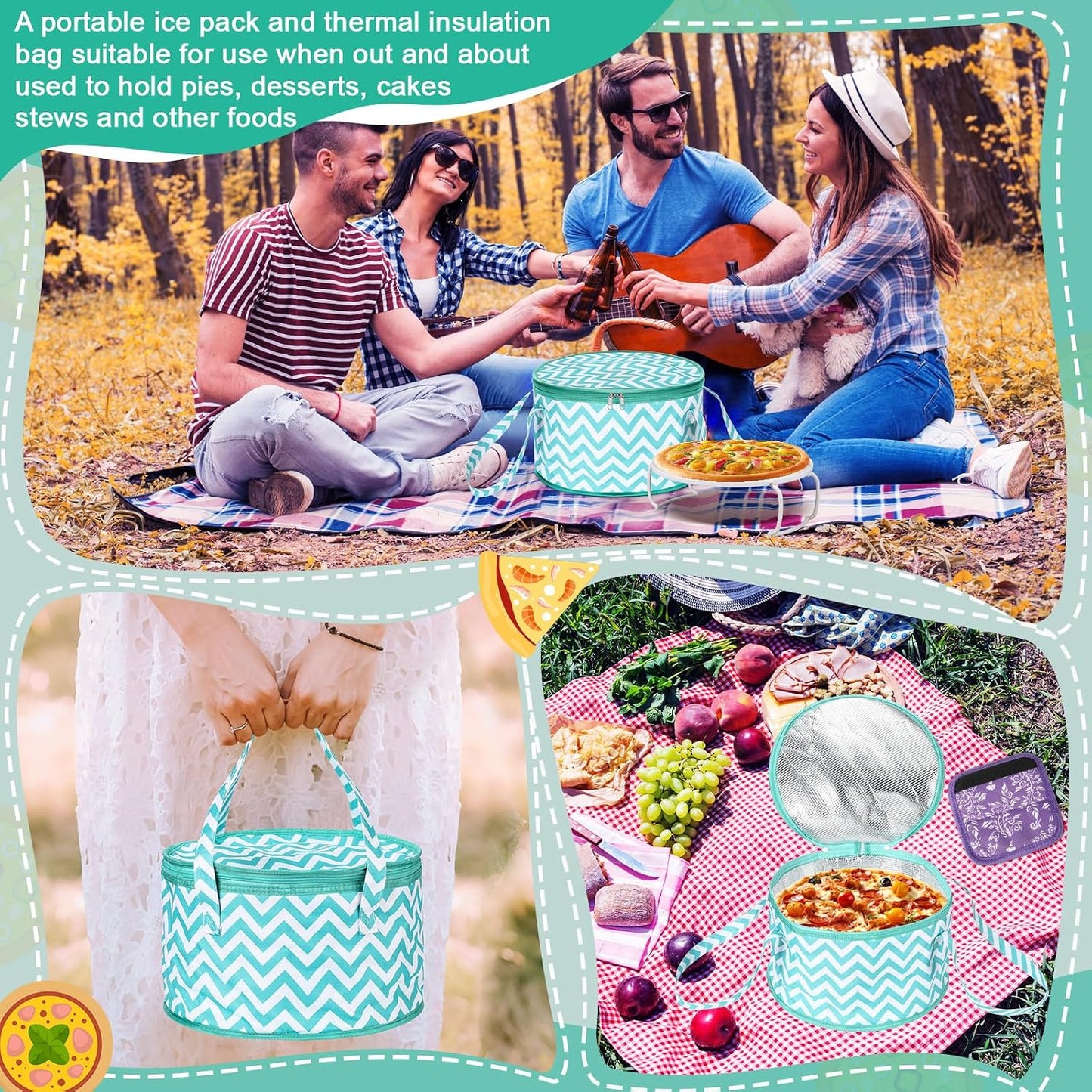 Pickmesh Round Pie Carrier 12 x 7 Inch Insulated Casserole Carriers with Lid and Detachable Handle for Hot or Cold Food Cake Transport Thanksgiving Christmas Gift(Cyan White Zigzag)