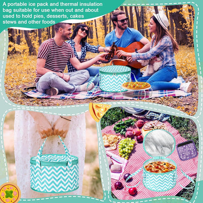 Pickmesh Round Pie Carrier 12 x 7 Inch Insulated Casserole Carriers with Lid and Detachable Handle for Hot or Cold Food Cake Transport Thanksgiving Christmas Gift(Cyan White Zigzag)
