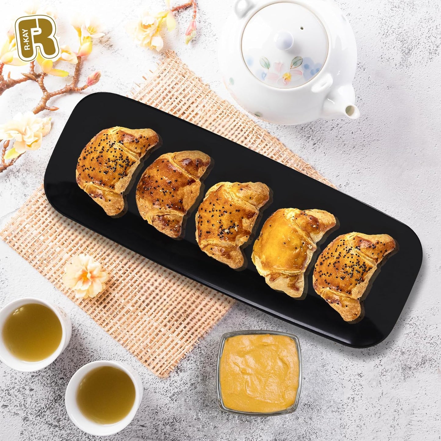 R-kay 4 Pack White Plastic Serving Trays for Party - White Serving Tray 17 by 6.5 in - Rectangular Heavy Duty Dessert Trays for Food