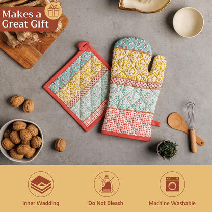 Maison d' Hermine 100% Cotton Oven Mitt & Pot Holder Set (7.5"x13" & 8"x8") - Colors C
