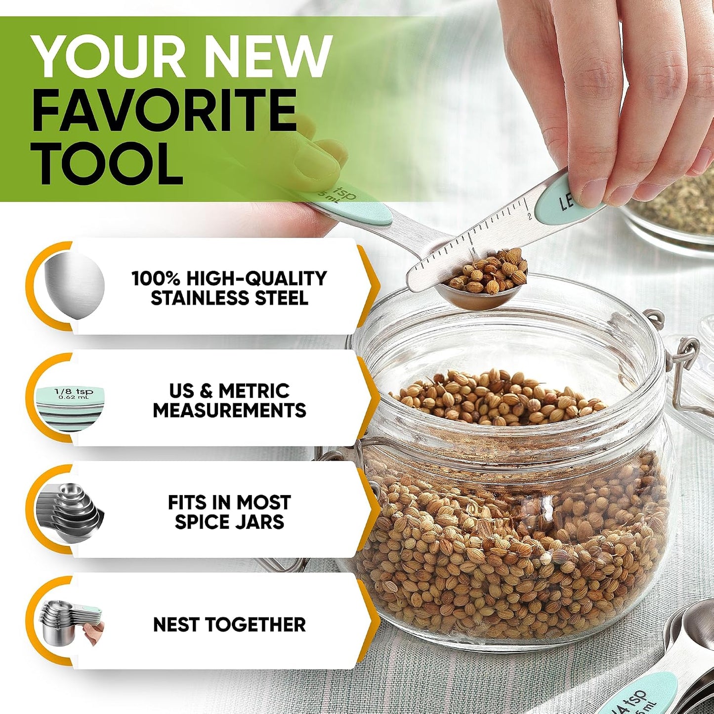 Spring Chef Magnetic Measuring Cups & Spoons Set, Patented, Strong N45 Magnets, Heavy Duty Stainless Steel Fits in Spice Jars for Baking & Cooking, BPA Free, Round Set of 15 with Leveler, Black