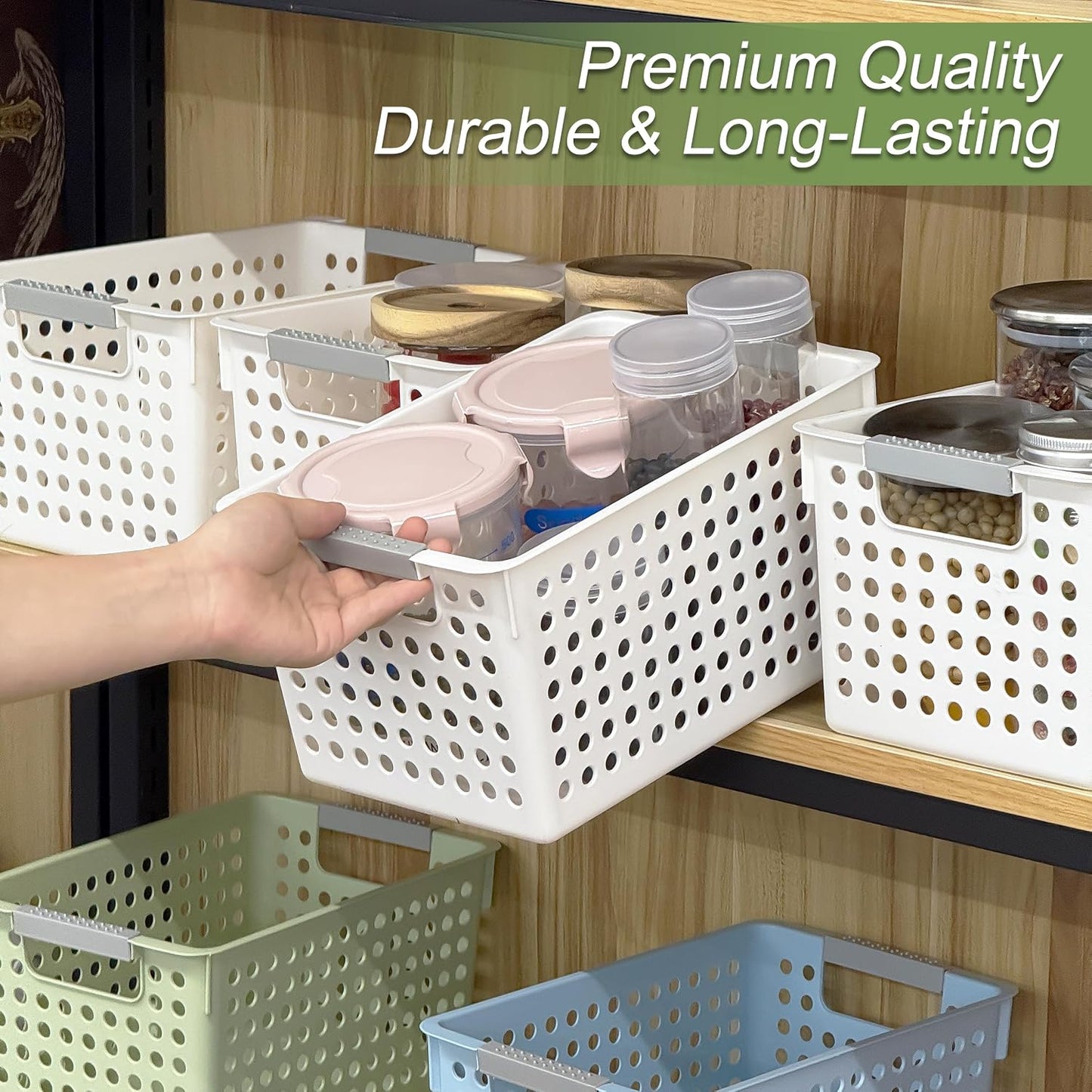 Soddeph 4 Pack Plastic Deep Storage Basket with Handles, Cubbies Organizer Bins with Hollow Design for Under Counter, Closet, Kitchen or Bathroom 12.3" × 8.7" × 6.9"(White, Medium)