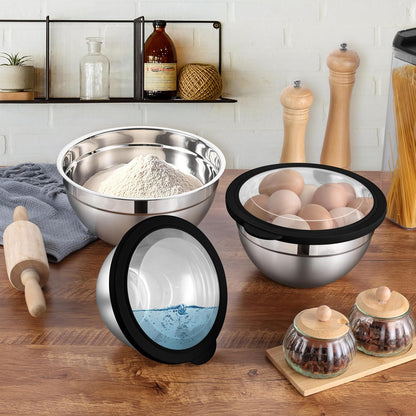 LIANYU Mixing Bowls with Airtight Lids Sets, 3 Packs Stainless Steel Metal Mixing Bowls, Ideal for Prepping, Cooking, Storage, Serving, Freezer & Dishwasher Safe, Khaki