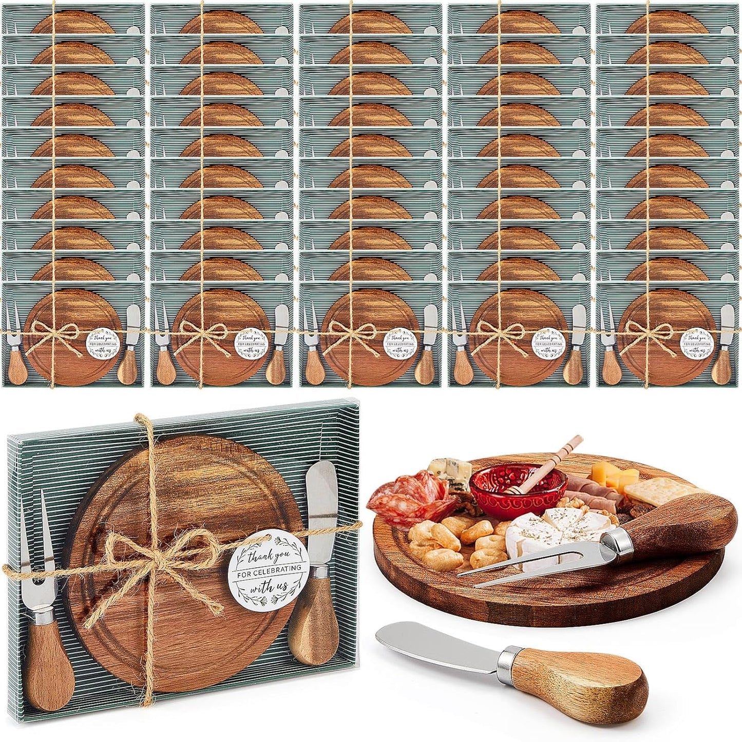 Maxcheck 6 Sets Baby Shower Bridal Game Prizes for Winners Round Cheese Board Set Wood Mini Charcuterie Board with Knives and Forks Thank You Card with Gift Box for Guests Wedding (Bamboo)