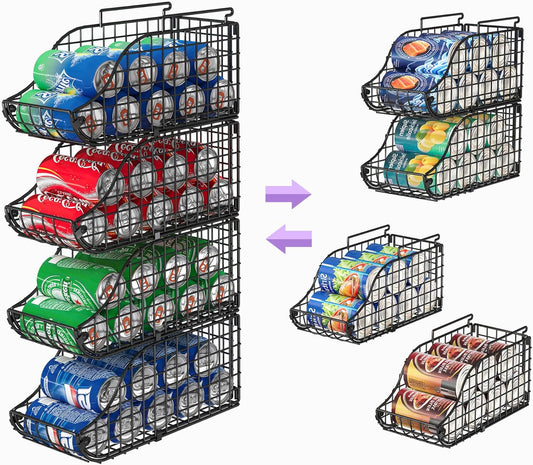 Sonyabecca 4-Pack Stackable Canned Food Organizer with Handles, Soda Can Organizer for Kitchen Pantry Shelves, Foldable Wire Cabinet Shelf for Can Storage, Patent Pending, Black