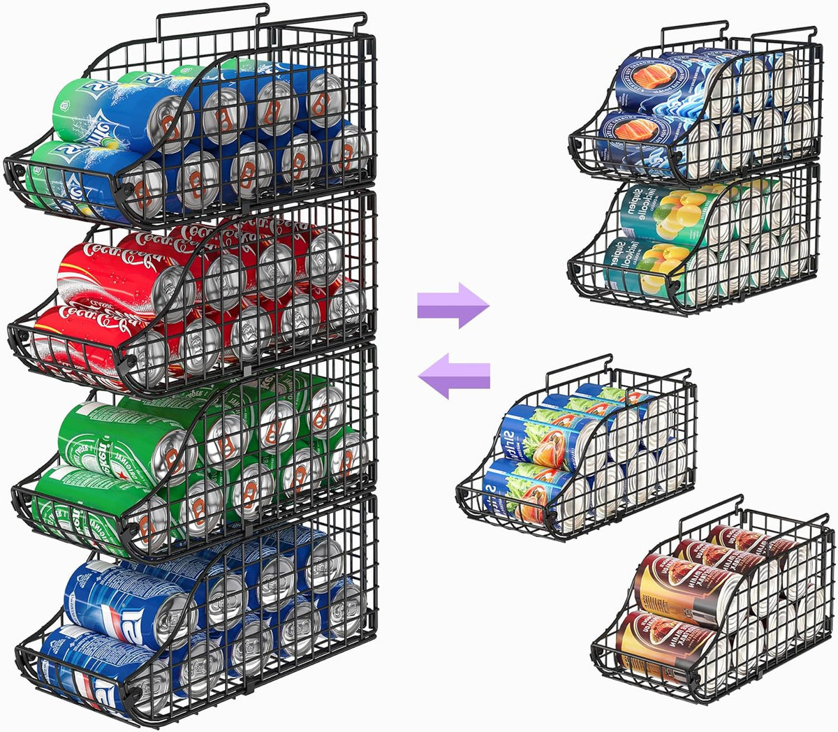 Sonyabecca 4-Pack Stackable Canned Food Organizer with Handles, Soda Can Organizer for Kitchen Pantry Shelves, Foldable Wire Cabinet Shelf for Can Storage, Patent Pending, Black