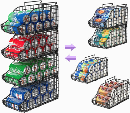 Sonyabecca 4-Pack Stackable Canned Food Organizer with Handles, Soda Can Organizer for Kitchen Pantry Shelves, Foldable Wire Cabinet Shelf for Can Storage, Patent Pending, Black