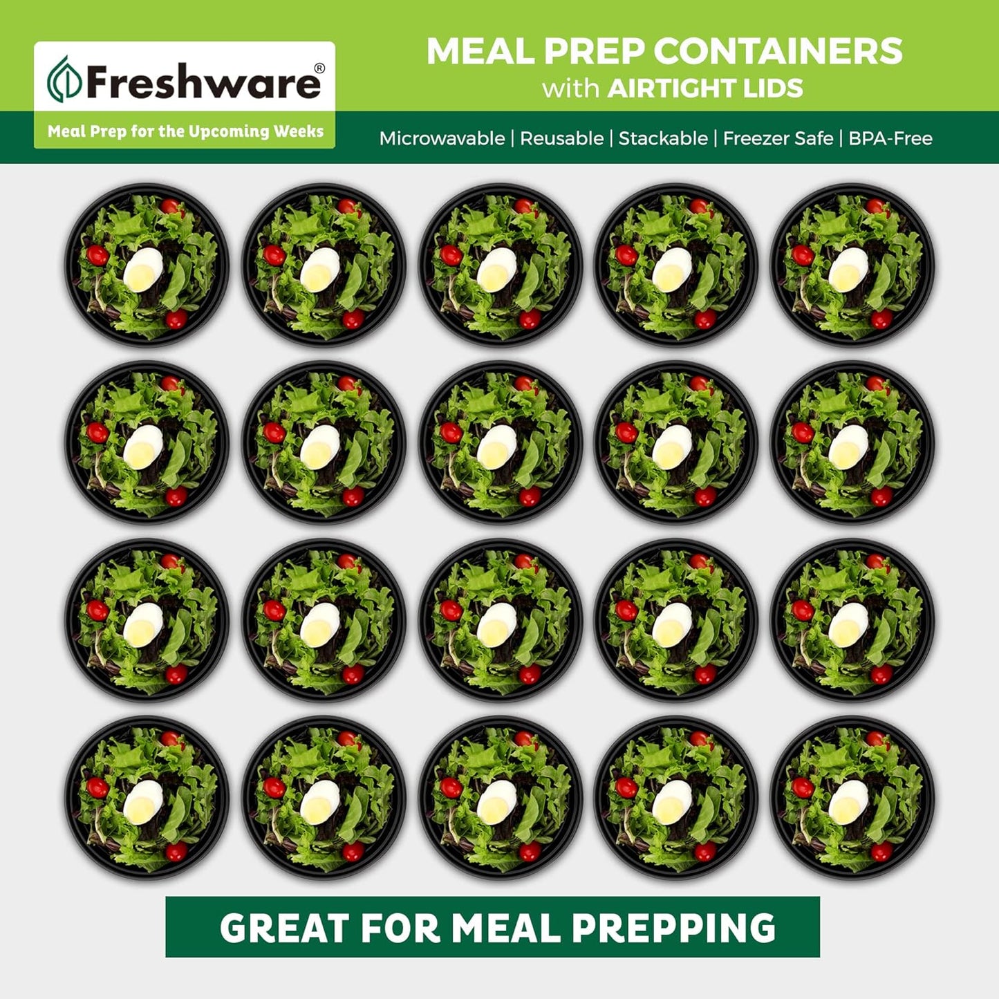 Freshware Meal Prep Containers [15 Pack] 2 Compartment with Lids, Food Storage Containers, Bento Box, BPA Free, Stackable, Microwave/Dishwasher/Freezer Safe (28 oz), Black