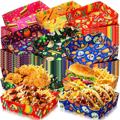 Harloon 36 Pack Mexican Nacho Trays 5 lb Extra Large Mexican Paper Food Trays Fiesta Disposable Cardboard Serving Boats for Cinco De Mayo Taco Fries Snacks Birthday Party Supplies(Floral)