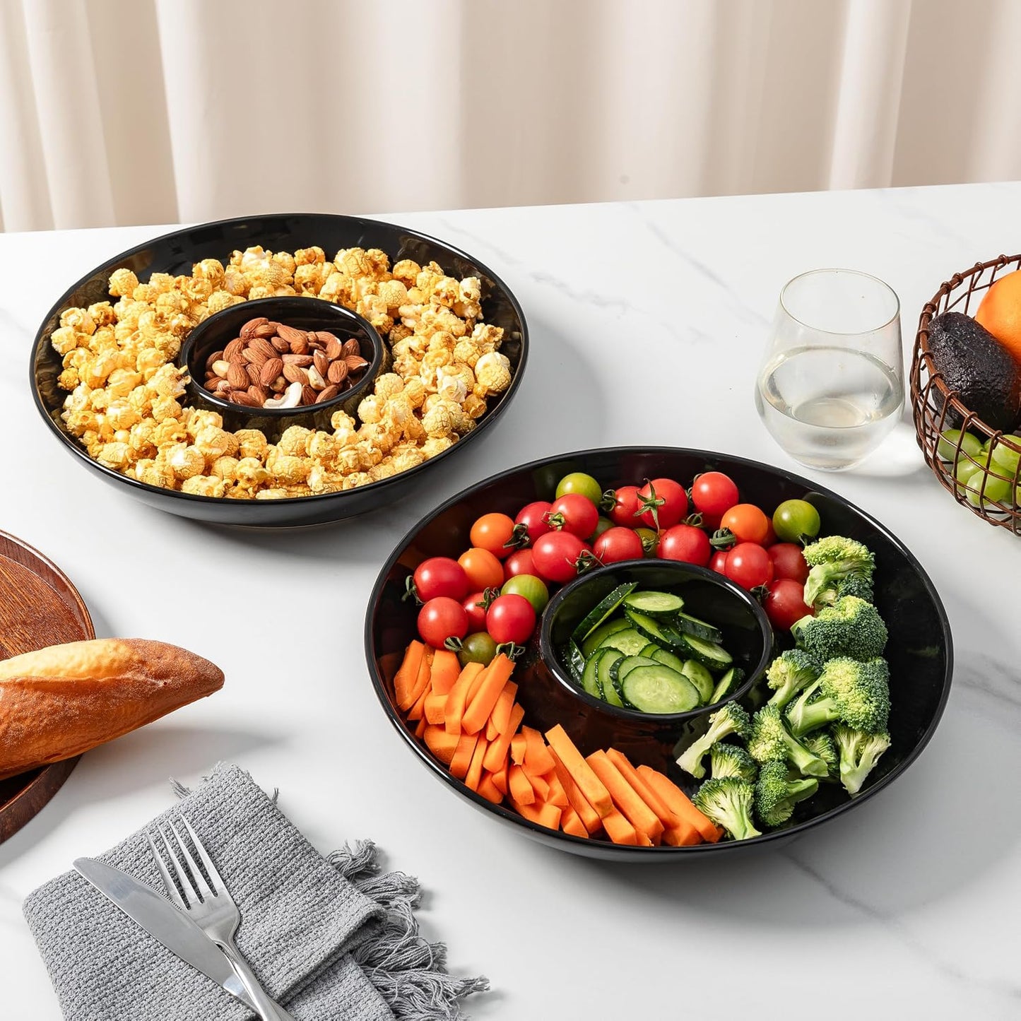 LEHAHA 12.25 inch porcelain Chip and Dip Serving Set, Ceramic Platters for Cheese, Appetizers &Chips Salsa, Fruit and Veggies, Divided Serving Trays for Family Gathering and Parties, Dark Creamy
