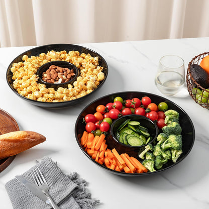 LEHAHA 12.25 inch porcelain Chip and Dip Serving Set, Ceramic Platters for Cheese, Appetizers &Chips Salsa, Fruit and Veggies, Divided Serving Trays for Family Gathering and Parties, Dark Creamy
