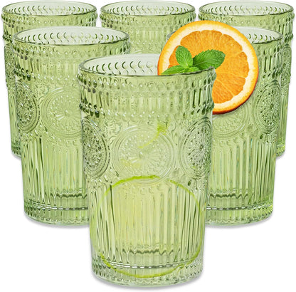 Kate Aspen Vintage Textured Aqua Blue Striped Drinking Glasses Set of 6-13 oz Ribbed Glassware with Flower Design | Cocktail Set, Juice Glass, Water Tumbler