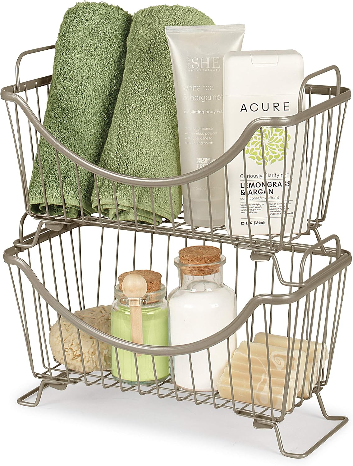 Spectrum Ashley Large Stackable Wire Baskets for Pantry & Kitchen Counter Organizer, Stacking Fruit Basket Wire Bin with Raised Feet & Handles for Vegetable Fruit Potato Onion Storage, Satin Nickel