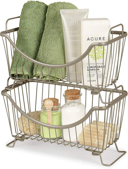 Spectrum Ashley Large Stackable Wire Baskets for Pantry & Kitchen Counter Organizer, Stacking Fruit Basket Wire Bin with Raised Feet & Handles for Vegetable Fruit Potato Onion Storage, Satin Nickel