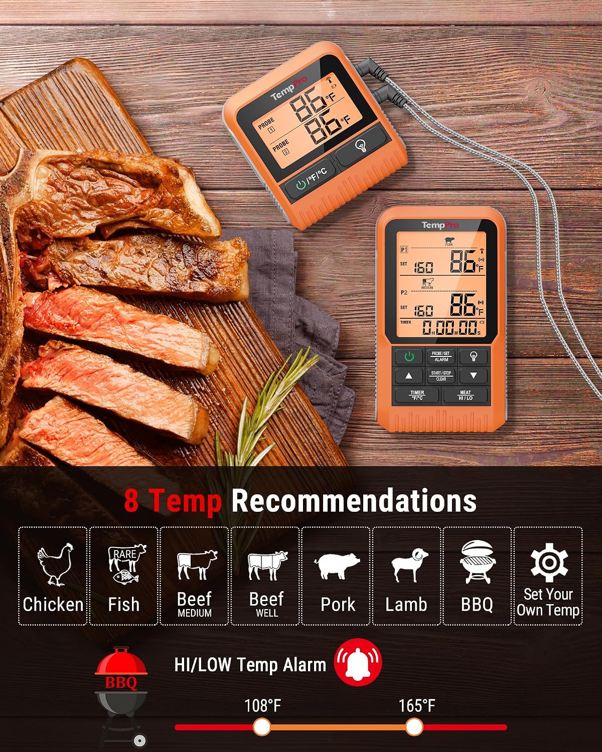 TempPro TempSync 1000FT Wireless Meat Thermometer for Grilling and Smoking