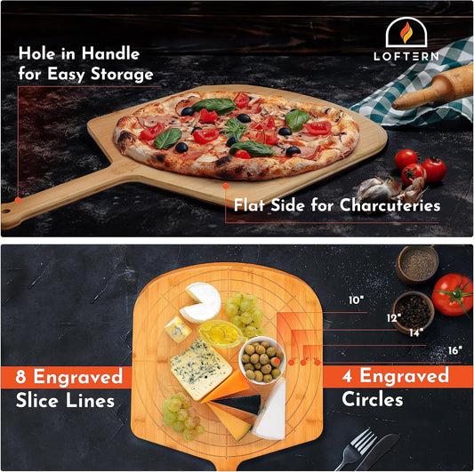 Wooden Pizza Peel 16 Inch Board with Engraved Sizes - Multi-Purpose Bamboo Pizza Cutting Board, Wood Pizza Peel, Pizza Spatula Paddle, and Serving Board with Size and Cutting Guide