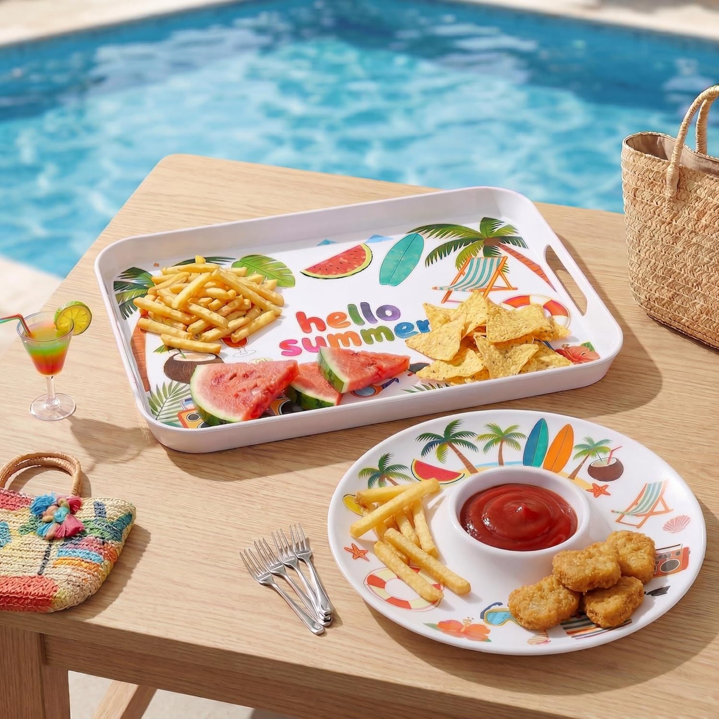 2 Pcs Serving Tray - 16'' Melamine Rectangle Tray with Handle and 13'' Chip and Dip Set of 2，Extra-Large Melamine Serving Platter for Eating, Appetizer, Snack, Fruit, Desserts，Happy Summer