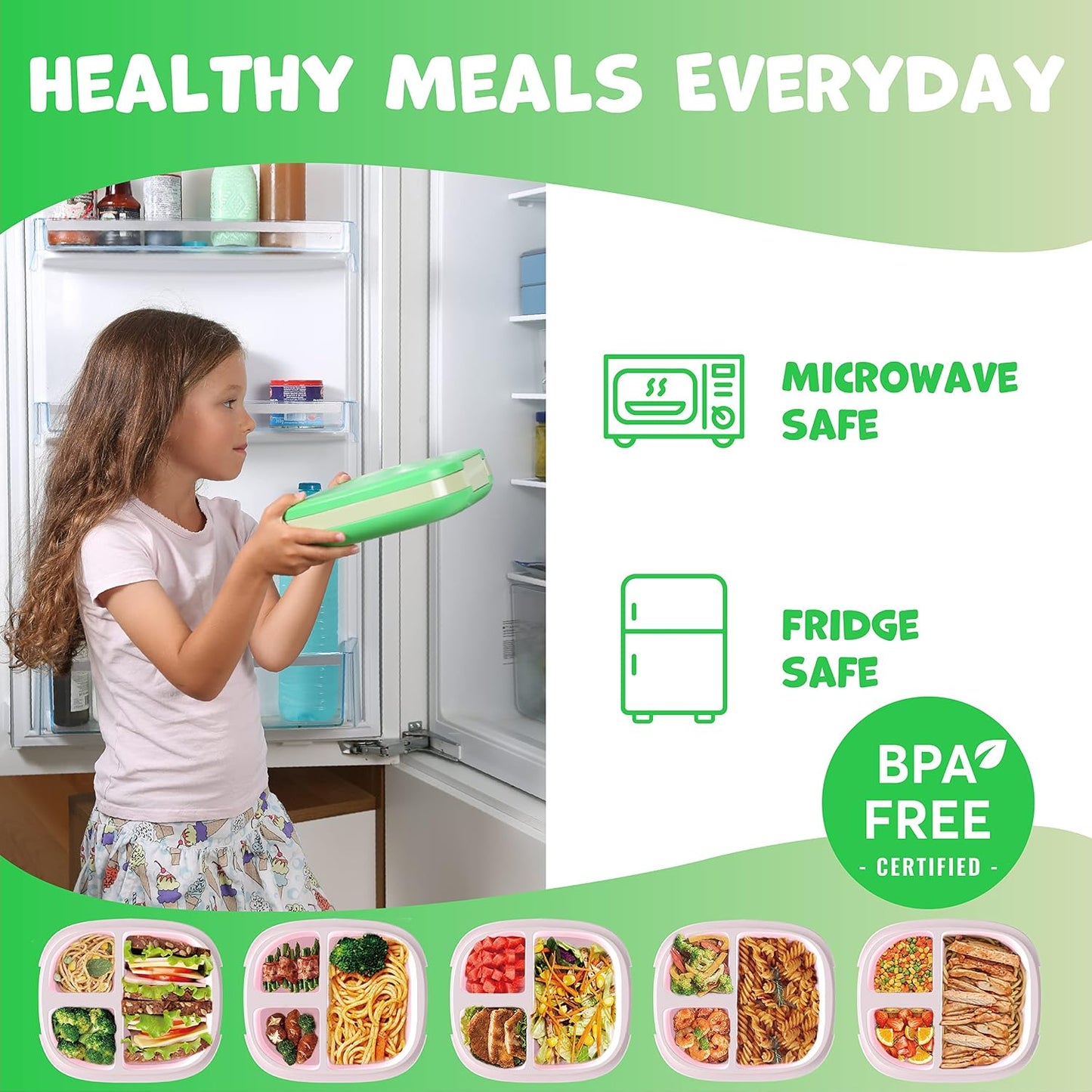 Umami All-in-1 Bento Box for Kids, Ice-pack & Utensils Included, 100% Leakproof & BPA free, Parents' favorite Lunch Box Kids (Green, 27 oz)