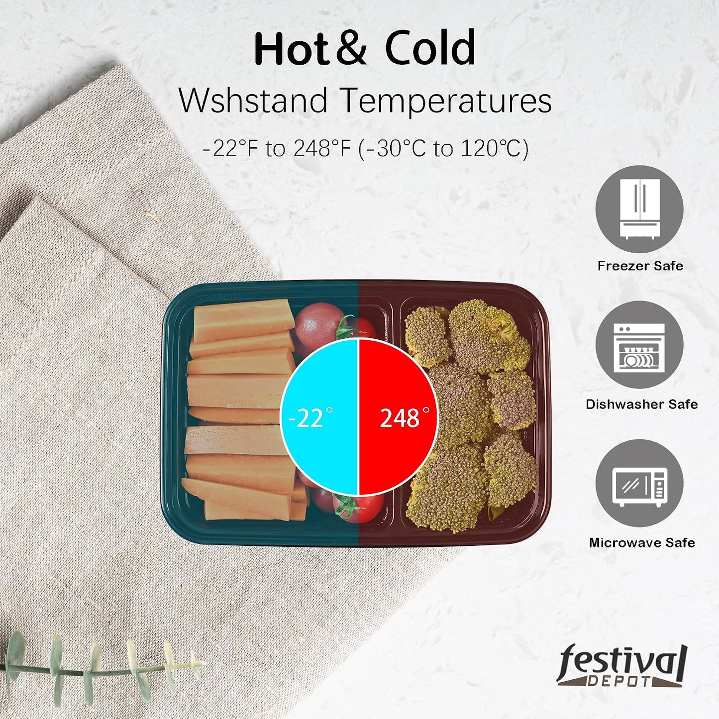 Sports Festival Meal Prep Containers Microwave Safe 16 Pack 2 Compartment with Lids, Food Storage Reusable, Stackable Bento Box, BPA Free, Freezer, Dishwasher Safe (32 oz)