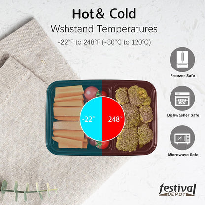 Sports Festival Meal Prep Containers Microwave Safe 16 Pack 2 Compartment with Lids, Food Storage Reusable, Stackable Bento Box, BPA Free, Freezer, Dishwasher Safe (32 oz)