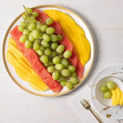 Plasticpro Plastic Serving Trays - Round Serving Platters with Gold Rim 14X14 Disposable Party DishPack of 2