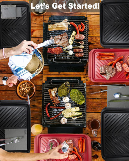 Czlizdyt Deep Grilling Prep and Serve Trays with lid 6-Piece Pack, BBQ Tray for Marinating Raw and Cooked Food, Diswasher Safe Nesting Trays Black in Red