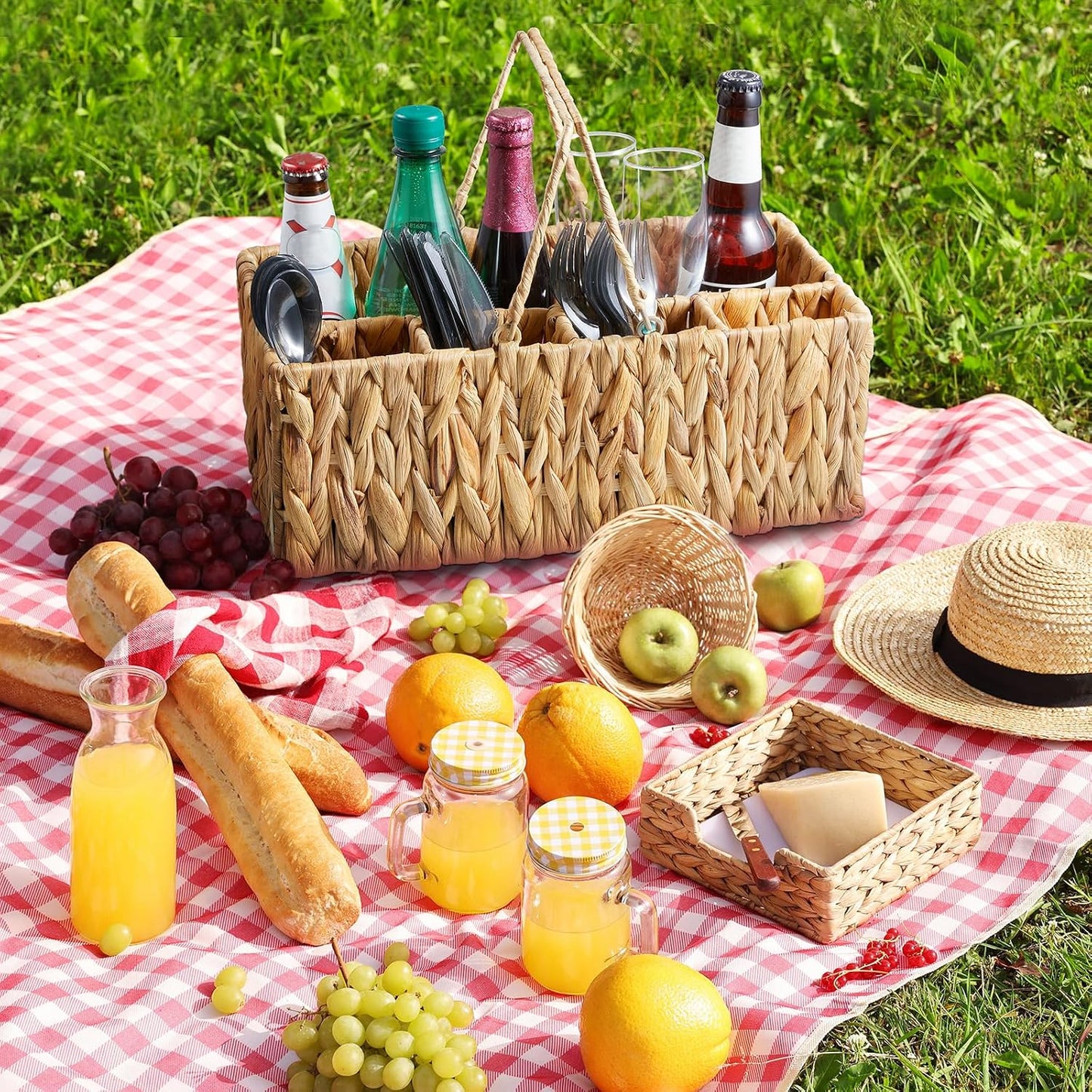 Silverware Holder for Party, Wicker Utensil Caddy, Woven Picnic Caddy for Plates, Water Hyacinth Cutlery Basket, Hosting Essentials Organizer