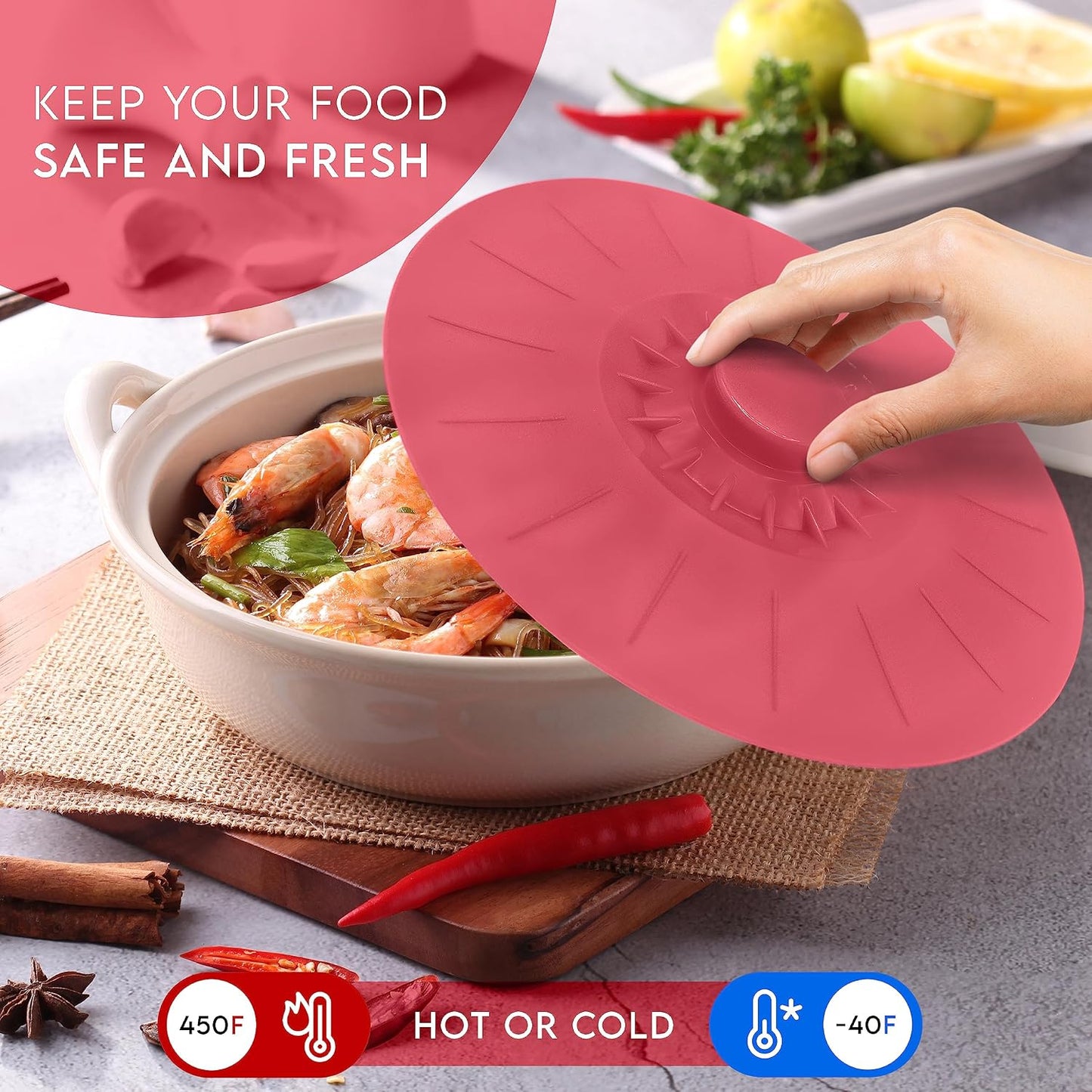 Silicone Bowl Lids Blue Set of 5 Reusable Suction Seal Covers for Bowls, Pots, Cups. Food Safe. Natural grip, interlocking handles for easy use and storage.