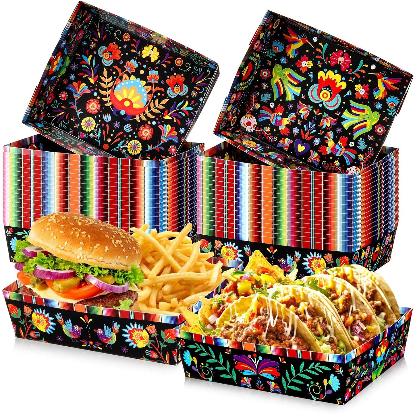 Harloon 36 Pack Mexican Nacho Trays 5 lb Extra Large Mexican Paper Food Trays Fiesta Disposable Cardboard Serving Boats for Cinco De Mayo Taco Fries Snacks Birthday Party Supplies(Floral)
