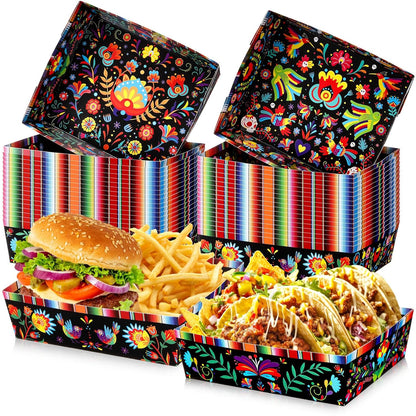 Harloon 36 Pack Mexican Nacho Trays 5 lb Extra Large Mexican Paper Food Trays Fiesta Disposable Cardboard Serving Boats for Cinco De Mayo Taco Fries Snacks Birthday Party Supplies(Floral)