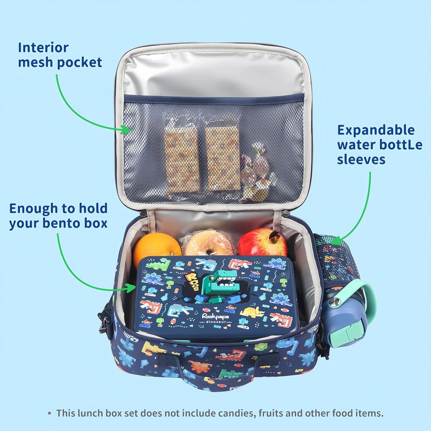 rockpapa Chill Kids Lunch Box Set with Leakproof 5.5 Cups Bento Box, Reusable Ice Pack, 14oz Insulated Water Bottle & Lunch Bag, BPA-Free Microwave Safe for School Boys Girls (Black Games)