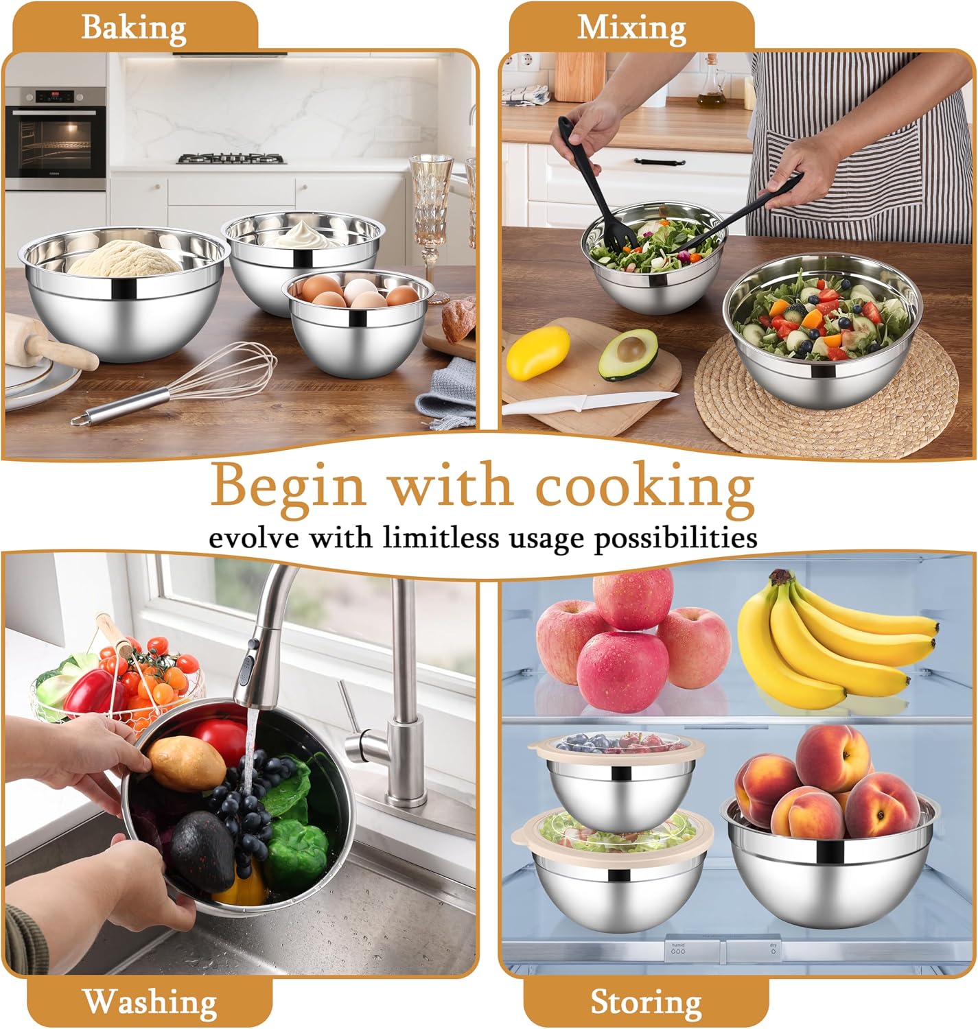 LIANYU Mixing Bowls with Airtight Lids Sets, 3 Packs Stainless Steel Metal Mixing Bowls, Ideal for Prepping, Cooking, Storage, Serving, Freezer & Dishwasher Safe, Khaki