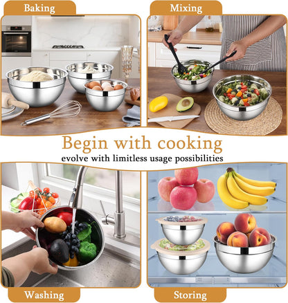 LIANYU Mixing Bowls with Airtight Lids Sets, 3 Packs Stainless Steel Metal Mixing Bowls, Ideal for Prepping, Cooking, Storage, Serving, Freezer & Dishwasher Safe, Khaki