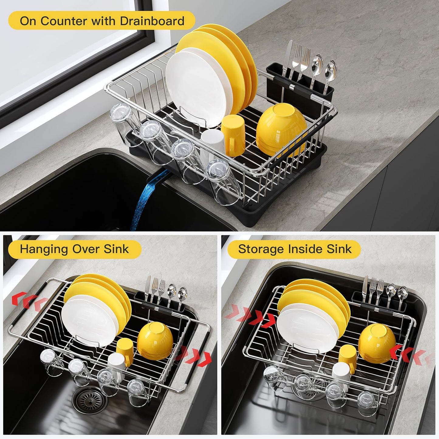 JASIWAY Dish Drying Rack in Sink, Expandable Stainless Steel Dish Drainers for Kitchen Counter, Dish Dryer Rack for Inside Sink, Over The Sink Dish Racks with Utensil Holder, Silver