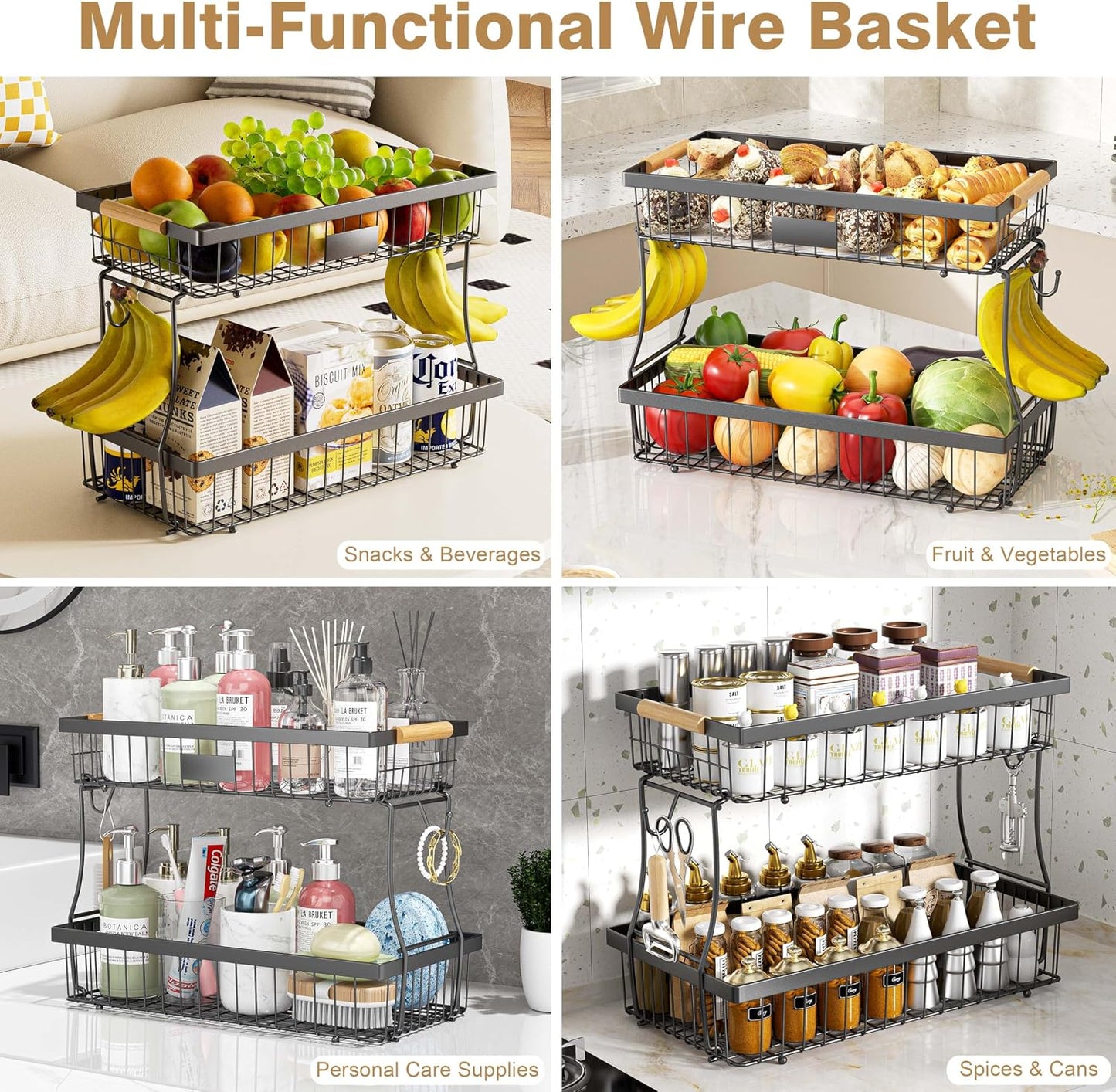 3 Tier Fruit Basket for Kitchen Counter with 2 Banana Hangers, Countertop Metal Fruit Bowl with Wooden Handle, Large Capacity Metal Wire Fruits Stand Organizer for Fruits Vegetables Breads Coffee Can