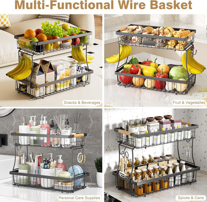 3 Tier Fruit Basket with 2 Banana Hangers for Kitchen Counter | 3-Tier Detachable Design,Metal Wire Construction, Wooden Handle, Large Capacity, Multi-Purpose Organizer,Mesh Basket