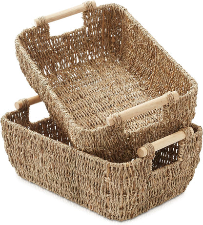 Casafield Set of 2 Water Hyacinth Oval Storage Baskets with Wooden Handles - Medium, Woven Bin Organizers