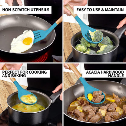 Zulay Kitchen Utensils Set Non-Stick Silicone Cooking Utensils Set with Authentic Acacia Wood Handles - 5 Piece Silicone Utensil Set - Kitchen Utensils Set with 464°F Heat Resistance - Gray