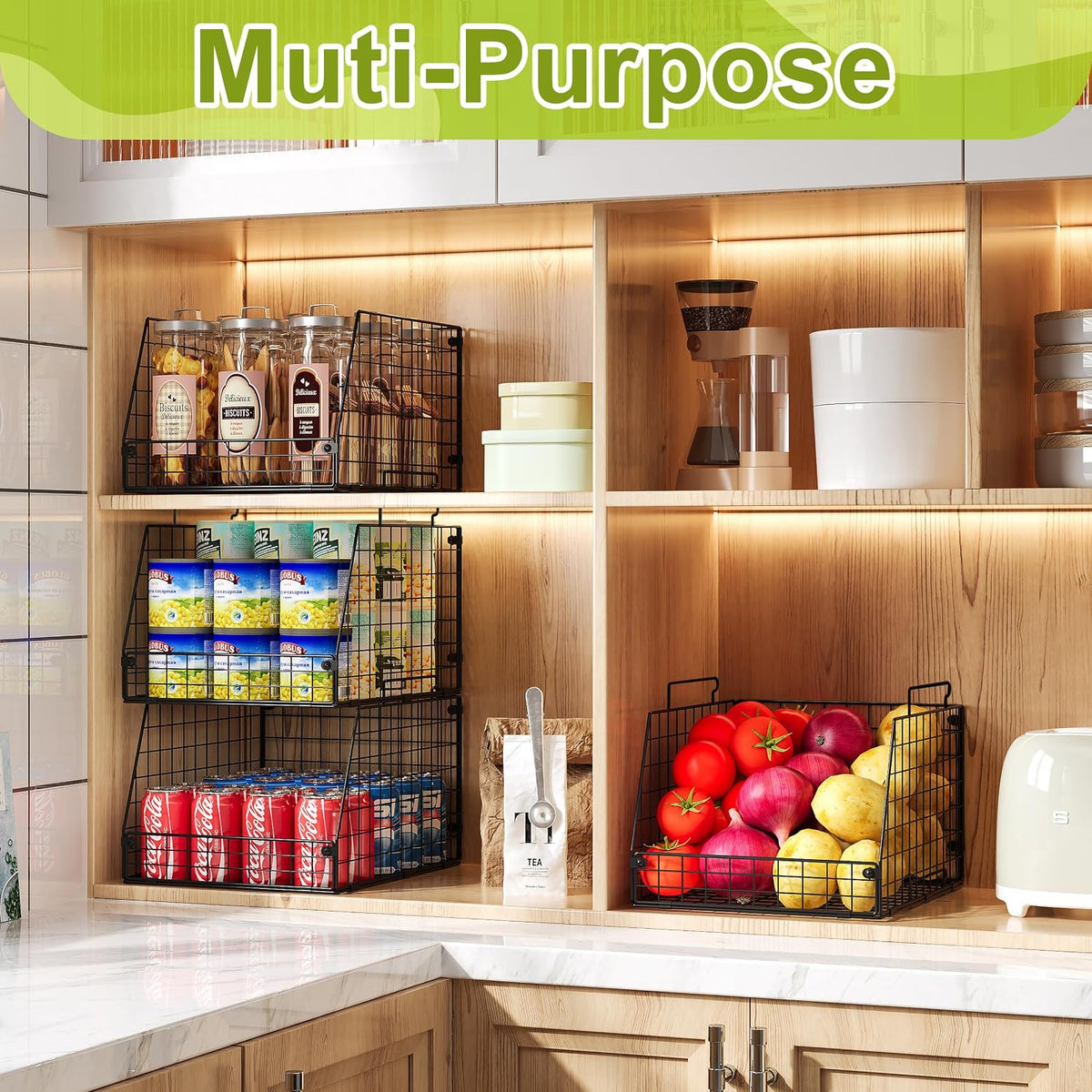 Jakyitvi 5 Pack XXL Stackable Wire Storage Basket, Extra Large Capacity Pantry Organizer and Storage, Muti-Purpose for Fruit Vegetable Basket & Toy Bin & Snack Organizer