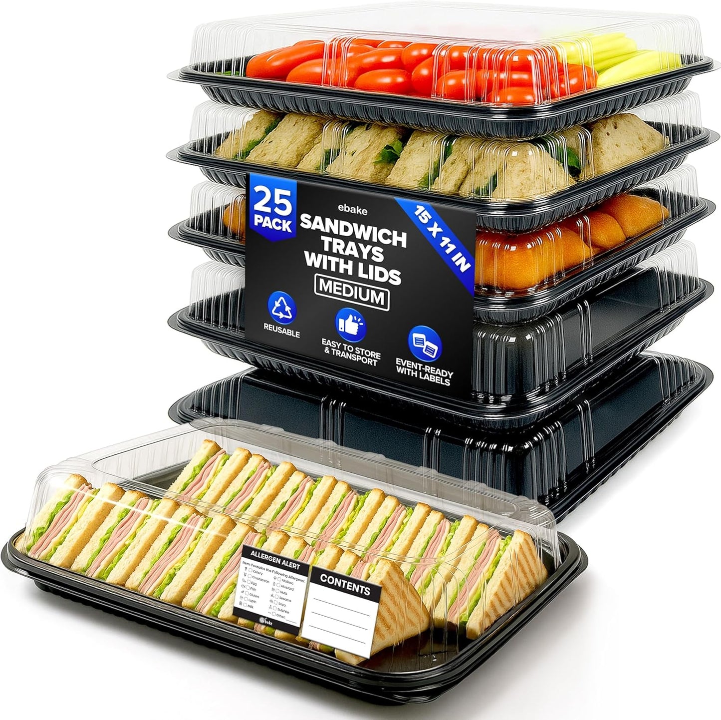 6 Pack Catering Trays with Lids – 13" Serving Tray with Lid, Heavy Duty Recyclable Plastic Party Platters for Catering, Buffet, Picnics & Events – Food Trays with Clear Lid (13.39 × 9.84 × 2.95 inch)