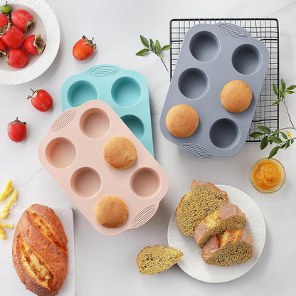 XZZWLL Silicone Muffin Pan, Food Grade Silicone Cupcake Molds for Baking Muffins and Cupcakes, 6-Cup Nonstick Cupcake Pan, Easy Cleaning and BPA-Free (Gray, Orange, Blue)